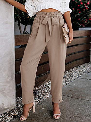 NEWFANGLE Women Paper Bag Pants Elastic High Waist Slim Casual Long Pants Cropped with Pockets,Khaki,M