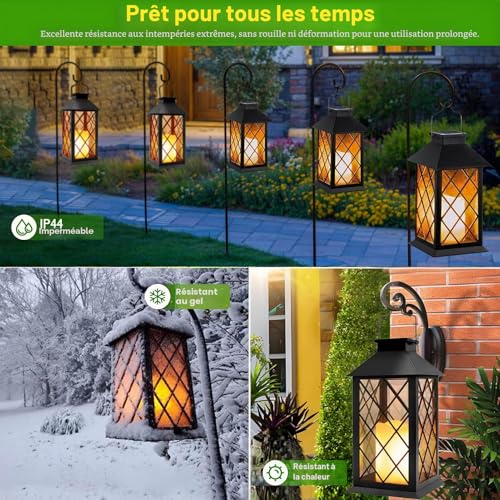 Yowin 2 x 35 cm Large Solar Garden Lantern with Candle, Tempered Glass, Waterproof Table Lamp Hanging Lamp, Solar Outdoor for Balcony Garden – Black