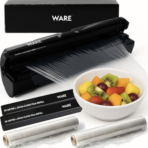 WARE Cling Film Dispenser + 2 Free 50m Rolls l Professional Quality | German-Engineered, PVC-Free l Eco Safe Cutting l Reduces Food and Plastic Waste