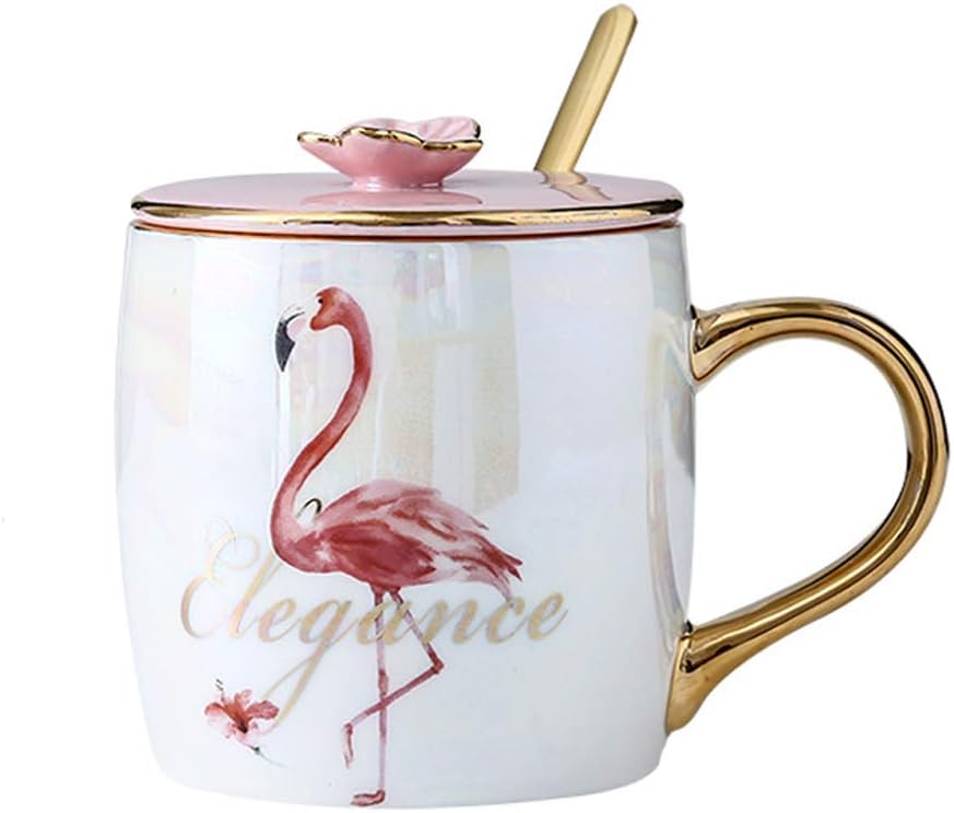 KEYIGOU 13.5oz Flamingo Ceramic Mugs With Lid Gold Spoon Porcelain Coffee Milk Cups Breakfast Drinkware for Women Lovers Friends Gifts