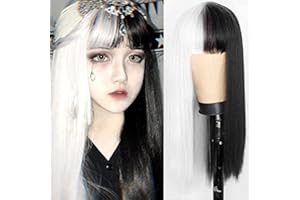 Kaneles Long Straight White and Black Wigs with Bangs for Women Natural Wigs for Cosplay Halloween Cosplay Costume Wigs