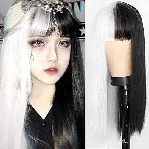 Photo 1 of Kaneles Long Straight White and Black Wigs with Bangs for Women Natural Wigs for Cosplay Halloween Cosplay Costume Wigs