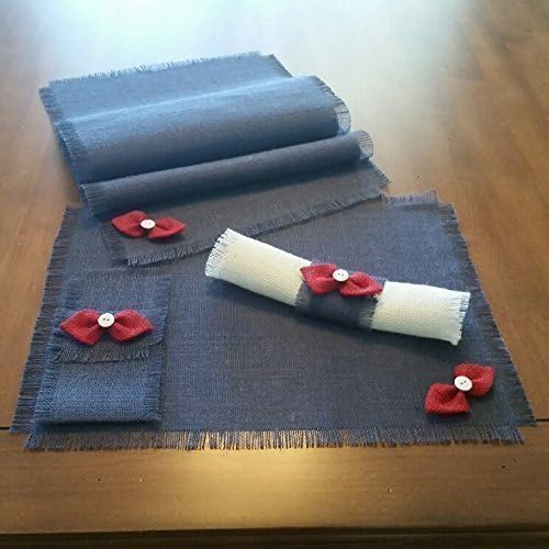 Burlap Patriotic Red, White & Blue Shabby Chic Table Runners, Placemats, Silverware Holders and Napkin Rings with Handmade Bow-tie Accent (Quantities of 4 or 6)