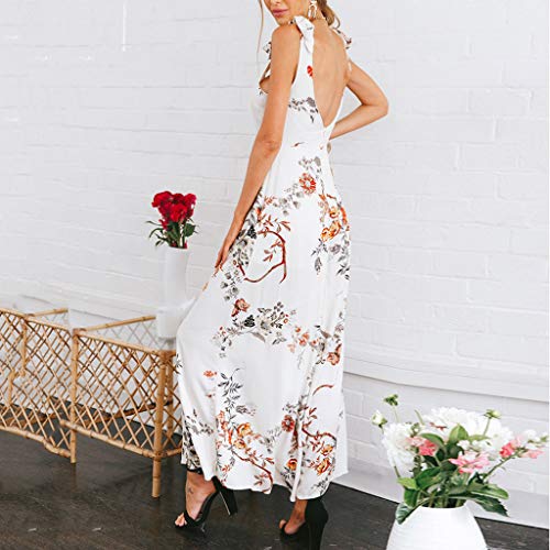 Mysky Fashion Women Popular Sexy Backless Sweet Floral Print Sling Long Jumpsuit White