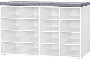 DINZI LVJ Shoe Storage Bench with Cushion, 16-Cubby Shoe Rack, Adjustable Shelves, Multifunctional Shoe Organizer Bench for Entryway, Mudroom, Hallway, Living Room, Bedroom and Garage, White