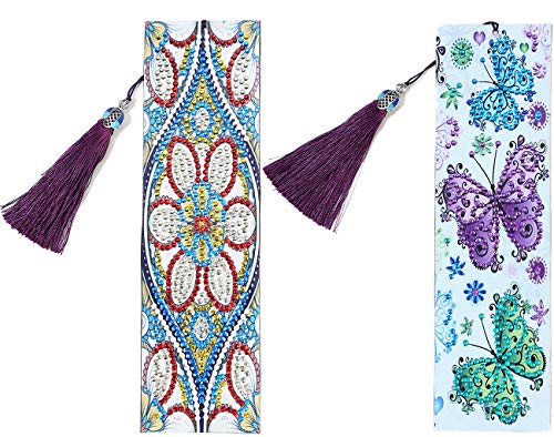Umbresen Leather Bookmark DIY 5D Special Shaped Diamond Painting by Number Kits,Beaded Tassel Book Marks Art Craft Mosaic Making Gifts for Christmas, Thanksgiving, New Year, Birthday (Set A-2 pcs) - Thumbnail 6