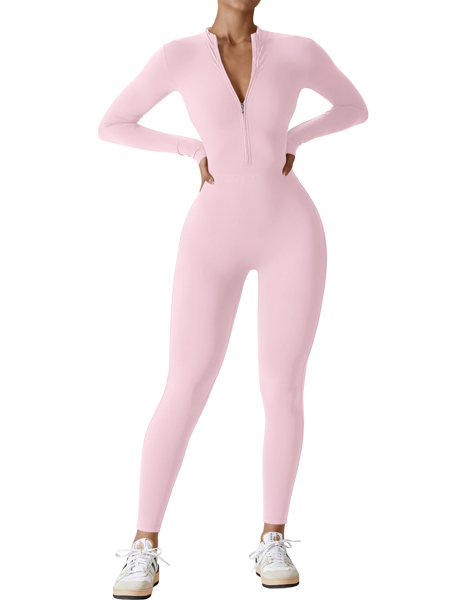 Photo 1 of YEOREO Women Long Sleeve Workout Jumpsuit Zip Up Romper Bottom Pants Bodysuit Bodycon Sexy One Piece Icy Pink S