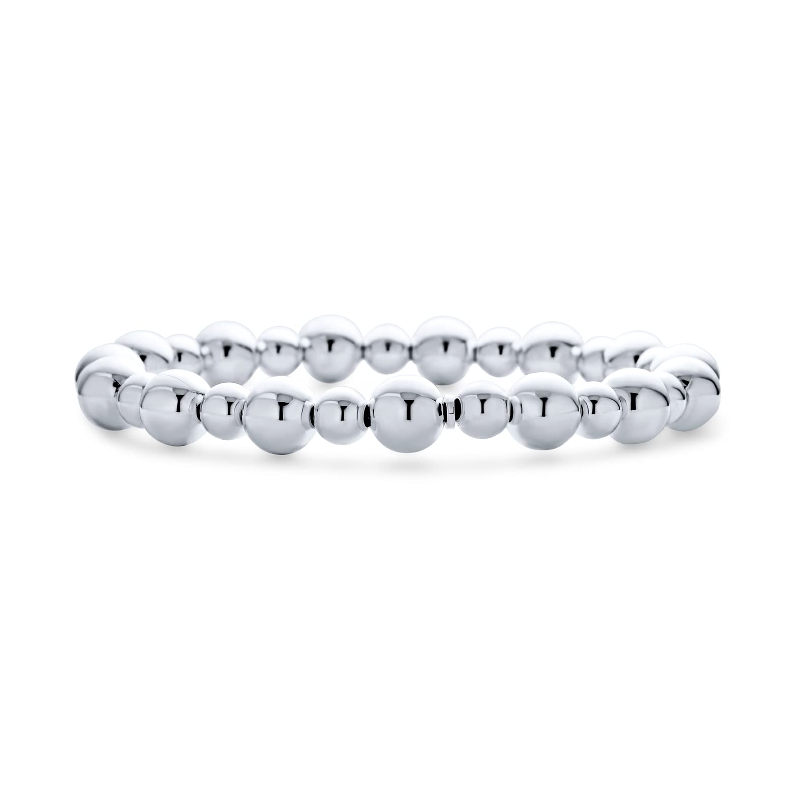 Bling Jewelry Modern Classic Polished Round Alternating 5-8MM Ball Bead Stretch Bracelet For Women Teen Stretchable Shinny .925 Sterling Silver