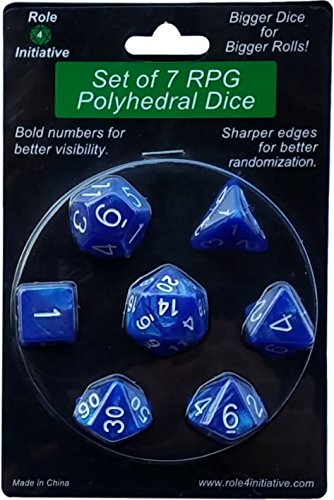 Set of 7 Large High-Visibility Polyhedral Dice: Marble Blue with White Numbers