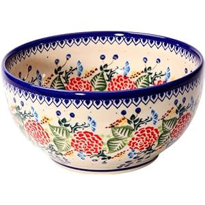 Polish Pottery Ceramika Boleslawiec 0410/280 Royal Blue Patterns with Red Rose Motif Bowl 19, 5-1/4-Cup