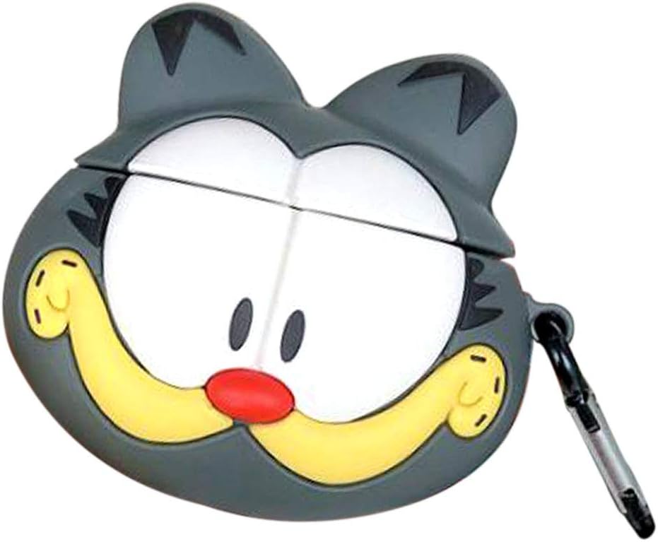 Headset Case for Apple Airpods 1&2,Cute Character Silicone 3D Funny Cartoon Cover Animal Skin Kits with Carabiner for Girls Kids Women Airpods（Garfield Cat - Grey）