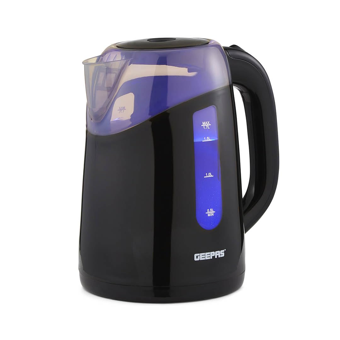 GEEPAS Illuminating Electric Kettle | 1.7L Cordless Jug Kettle with LED Lighting for Hot Water Tea or Coffee | Boil Dry Protection & Auto Shut Off | Swivel Base with Auto Lid Open | 2200W Black