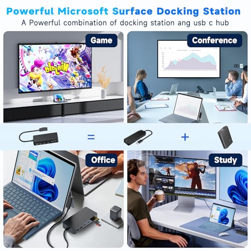 Surface Dock 11 in 1 MS Surface Pro Docking Station 4K@60Hz HDMI+VGA with Power Supply, Surface Dock Hub for Surface Pro 11/10/9/8/X/7/6/5/4/3, Laptop 6/5