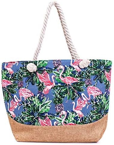 Beach Bags Canvas Tote- Large Travel Zipper Shoulder Bag For Women With Cotton Rope Handle