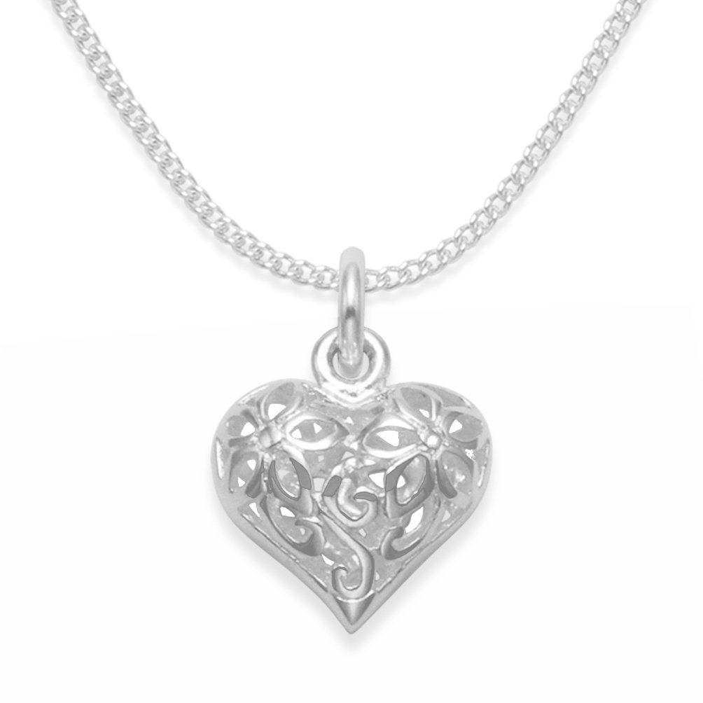Children's Sterling Silver Heart Necklace on silver chain - double sided filigree heart pendant - Size: Small 10mm Children's flower necklace. Gift boxed8172/14
