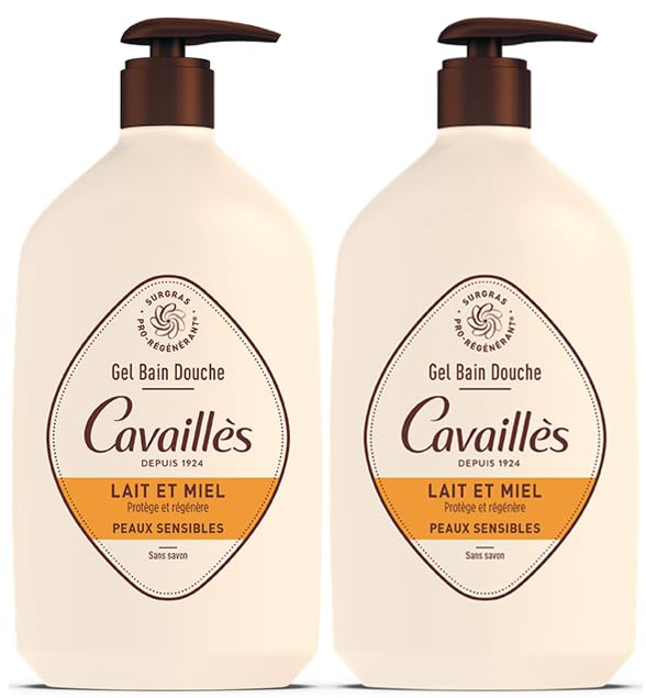 ROGÉ CAVAILLÈS | Bath and shower gel - Milk & Honey | Nourishes & protects the skin | Gently cleanses | Sensitive skin | Soap-free | 100% recycled plastic | Pack: 1L bath and shower gel + 1L e