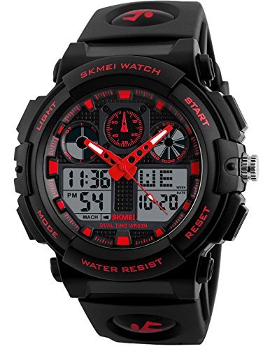Men's Black Red LED Waterproof Sport Army Alarm Date Analog Digital Black Wrist Watch