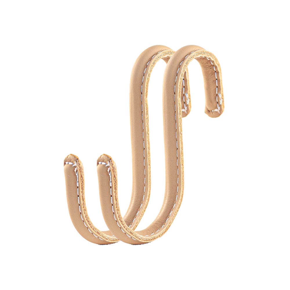 Brute Strength - S Shaped Hooks Wrapped in Full Grain Leather - 2 pcs - Natural - 10 cm Stainless Steel Metal Hangers Hanging Hooks for Kitchen, Work Shop, Bathroom