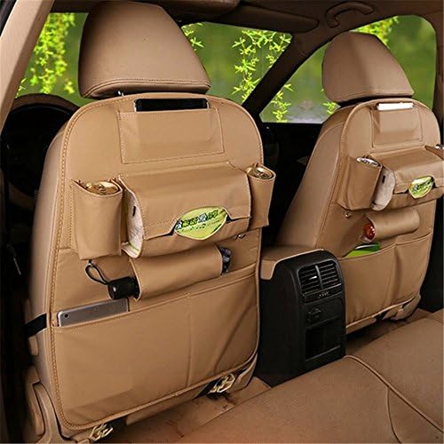 Car Backseat Organizer Auto Seat Back Protector Cover Kids Kick Mat PU Leather Car Seat Storage Bag with 7 Multi-Pockets for Travel by AENMIL 1 Pack(Beige)