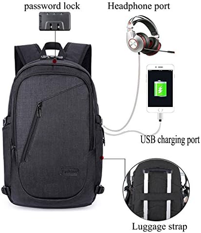 Upgraded Laptop Backpack with USB Charging Port and Lock& Headphone Port School College Business Bag Rucksack with Luggage Strap for 12-16" Notebook (Black)
