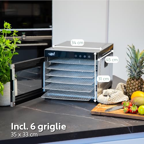 Vita5 Food Dryer with 6 Stainless Steel Trays – Fruit and Vegetable Dryer 24 Hours Timer – Food Dehydrator Adjustable Temperature 35-75 °C – 650 W Home Dryer in Stainless Steel