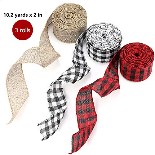 image for LINNIW LIINNIW 3 Rolls Christmas Wired Edge Ribbons, Black Red Plaid R