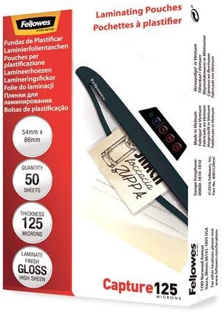 Fellowes Capture 54x86mm 125 Micron Glossy Laminating Pouches (Pack of 50), 125 microns, 54x86mm - 100 Sheets