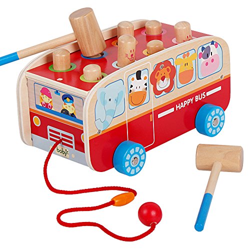 Wood Pounding Bench Pull Along Walking Bus Toys Set for Kids Toddlers Preschool Education Development