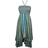 Mogul Interior Womens Halter Dress Recycled Vintage Silk Sari Two Layer Boho Salvador Summer Sundress