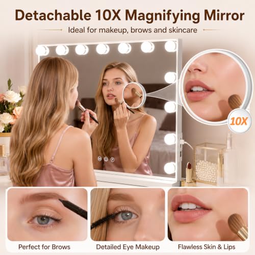 Hcosmy Vanity Mirror with Lights Lighted Makeup Mirror with 15 Dimmable LED Bulbs,3 Color Lighting Modes,USB Charging Port Touch Control,Sturdy Metal Frame Design 24x18 Inch