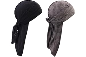 2 PCS Do Rags for Men Cotton Durags Skull Head Cap Breathable Long Tail Bandana Hat Beanie Cap Vintage Head Wrap Cycling Cap