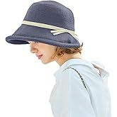 French Straw Bonnet Cap for Women Victorian Sun Hats Chin Strap Foldable Summer Bucket Hat Beach Sun Hat Fedoras Navy Blue, Medium