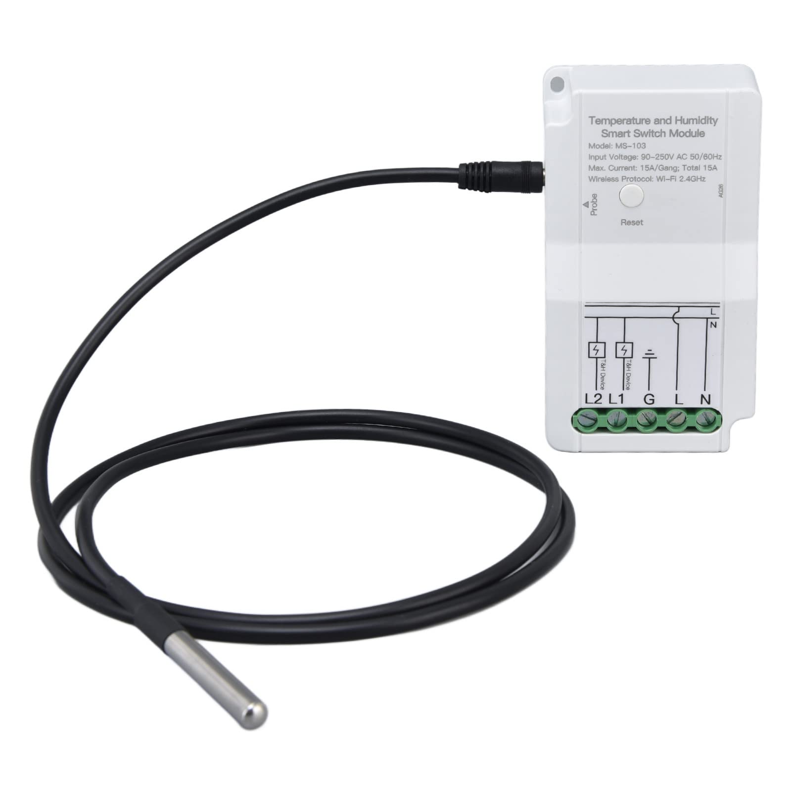 Qcwwy WiFi Temperature Humidity Switch Module Dual Relay Output Temperature Controller with Temperature Probe 90‑250V