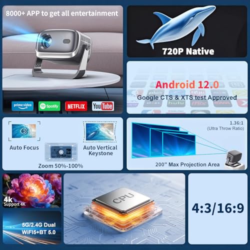 AOC Smart Projector Native 1080P 4K Support, 15000 Lumens, Android 13, WiFi 6 BT 5.2, Auto Focus & Keystone Portable Outdoor Projector, 360° Rotatable Projector with Built-in Apps (Black)