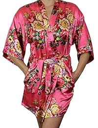 Kimono de satén floral para mujer, bata de dama de honor corta con bolsillos - toque de seda
