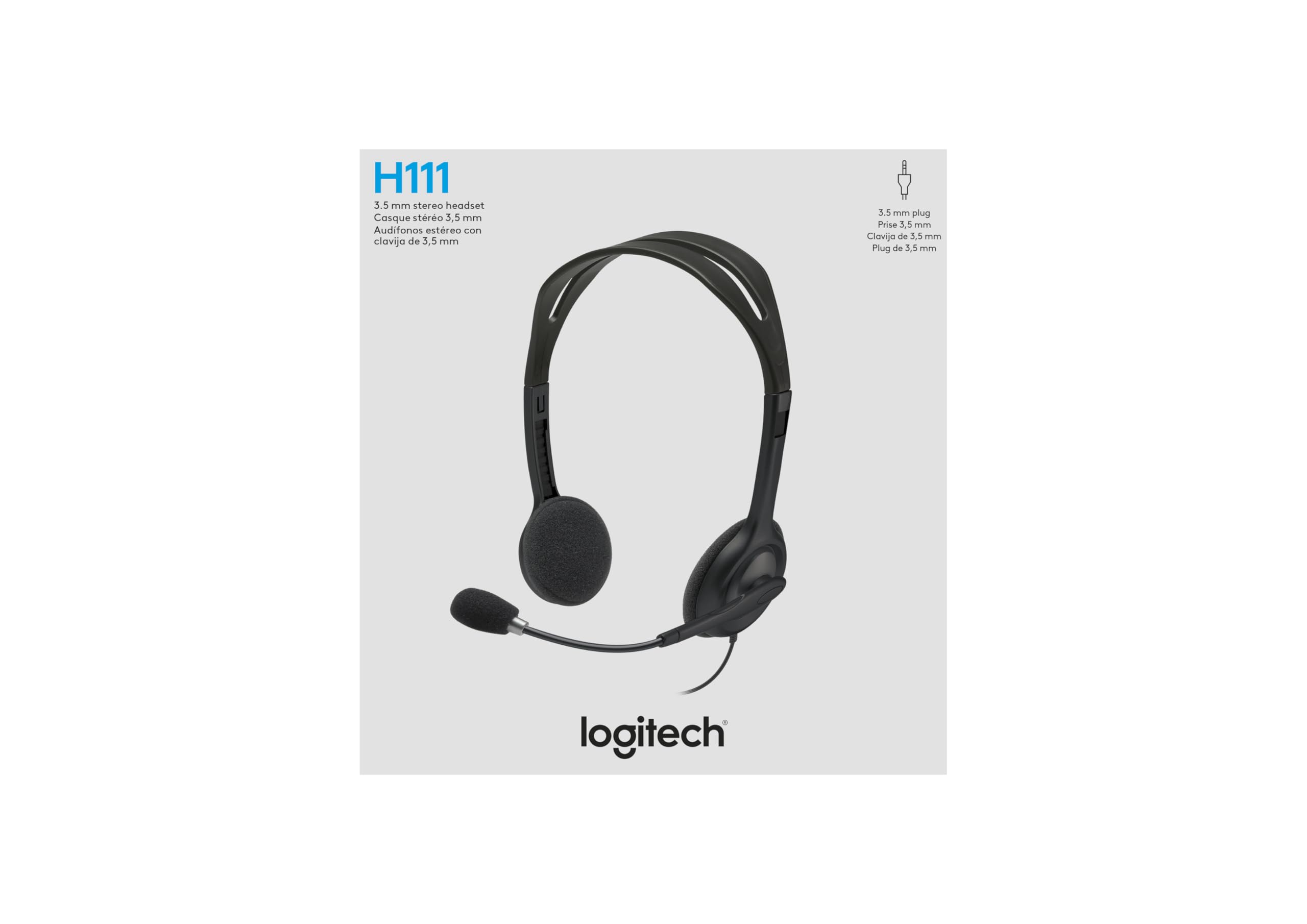 Logitech H111 Wired Headset, Stereo Headphones with Noise-Cancelling Microphone, 3.5 mm Audio Jack, PC/Mac/Laptop/Smartphone/Tablet - Black