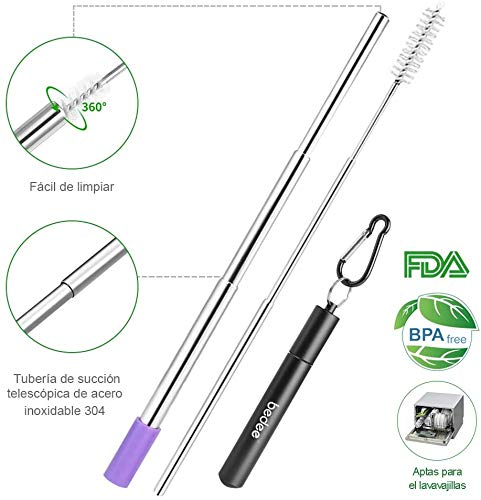 Bedee Paja Plegable, pajitas Reutilizables de Metal, Puntas de Silicona Ecológico Sin BPA Pajas de Beber con 2 Cepillos de Limpieza para Bebidas Juice Coffee Cóctel para Adultos y Niño 2 Piezas