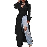 Choichic Women's Deep V Neck Ruched Long Sleeve Side Split High Low Irregular Hem Top Tunic Blouse Long Shirt Dress
