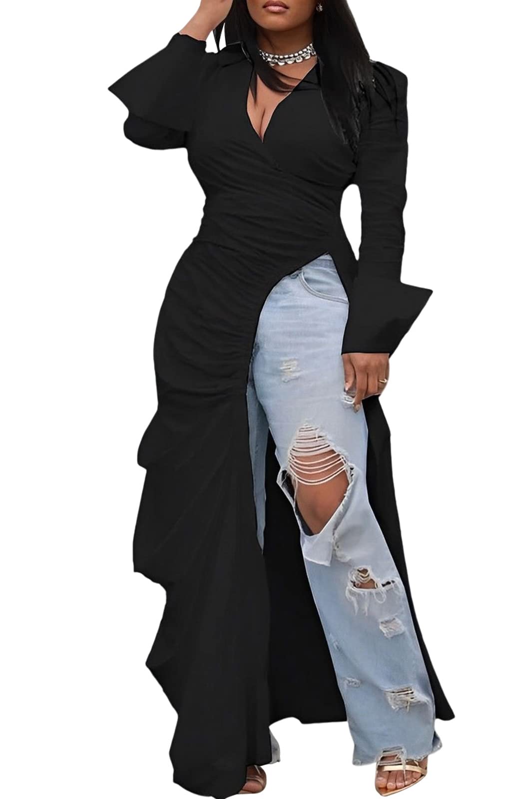 Amber | Women’s Deep V-Neck Ruched Waist Blouse