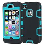 iPhone 4 Case,iPhone 4S Case,Shockproof Heavy Duty Combo Hybrid Defender High Impact Body Rugged Hard PC & Silicone Case Protective Cover For Apple iPhone 4 4S (Black Aqua)