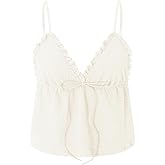 PENNSOY Women's Y2k Tank Tops V Neck Ruched Front Tie Up Camisole Solid Color Ruffle Backless Summer Vest Tops Streetwear