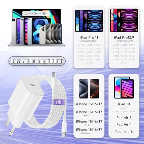iPad Charger with iPad Charging Cable Original, 25 W USBC Power Supply Plug Quick Charger 1 m USB C Cable Fast Charging Cable for iPhone 17 16 15 Pro Max/Plus, iPad Pro 12.9/11, iPad Air 4/5 Gen,iPad Mini