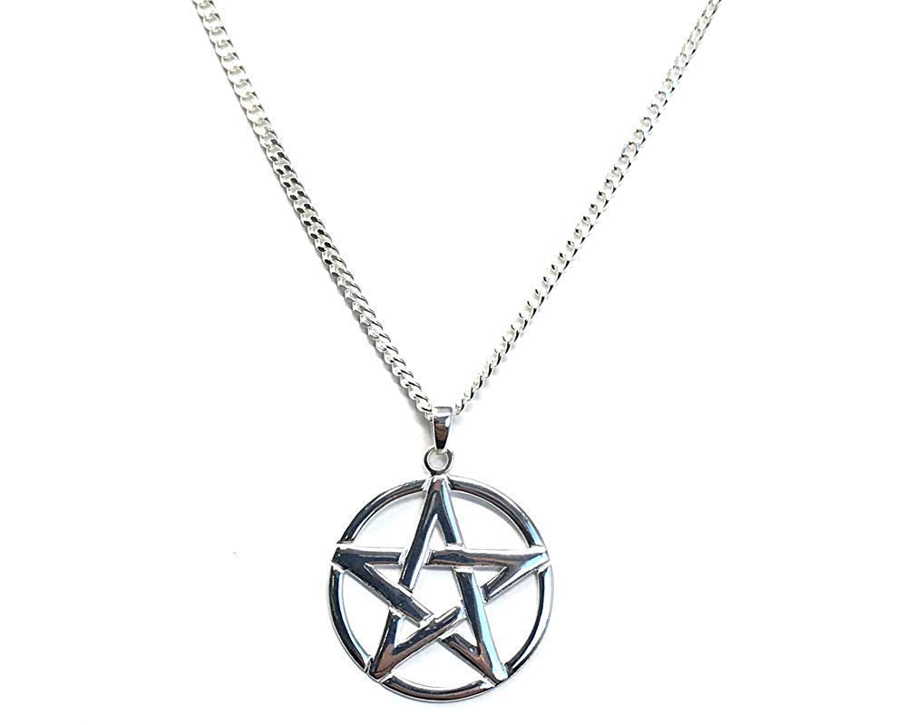 Strictly Gifts Unisex Sterling Silver Pentacle Pentagram Wicca Pendant on 60 cm Medium Diamond-cut Curb Chain 925 Sterling for Men or Women with Gift Box