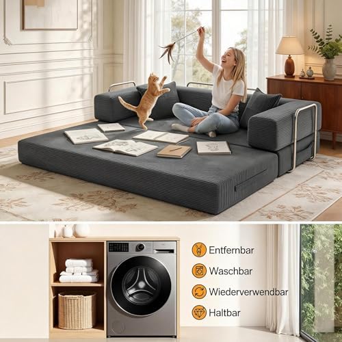 Premium 200 cm rahmenloses Schlafsofa 5-in-1 Couch für das Wohnzimmer, Grau
