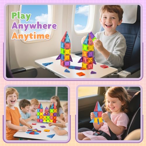 Magnetic Blocks Construction Children in Metal Box – 56 Pieces Magnetic Children – Magnetic Blocks Travel Toy to Build Castles – Magnetic Tiles Montessori Travel Toys 3+ Years