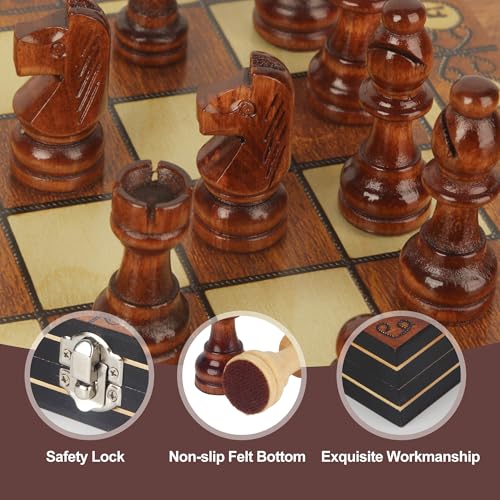 3 in 1 Wooden Chess Board, 29 x 29 cm, Wooden Chess Board, Handmade Travel Chess Board, Portable Chess Board, Ideal for Parties, Travel, Family Activities