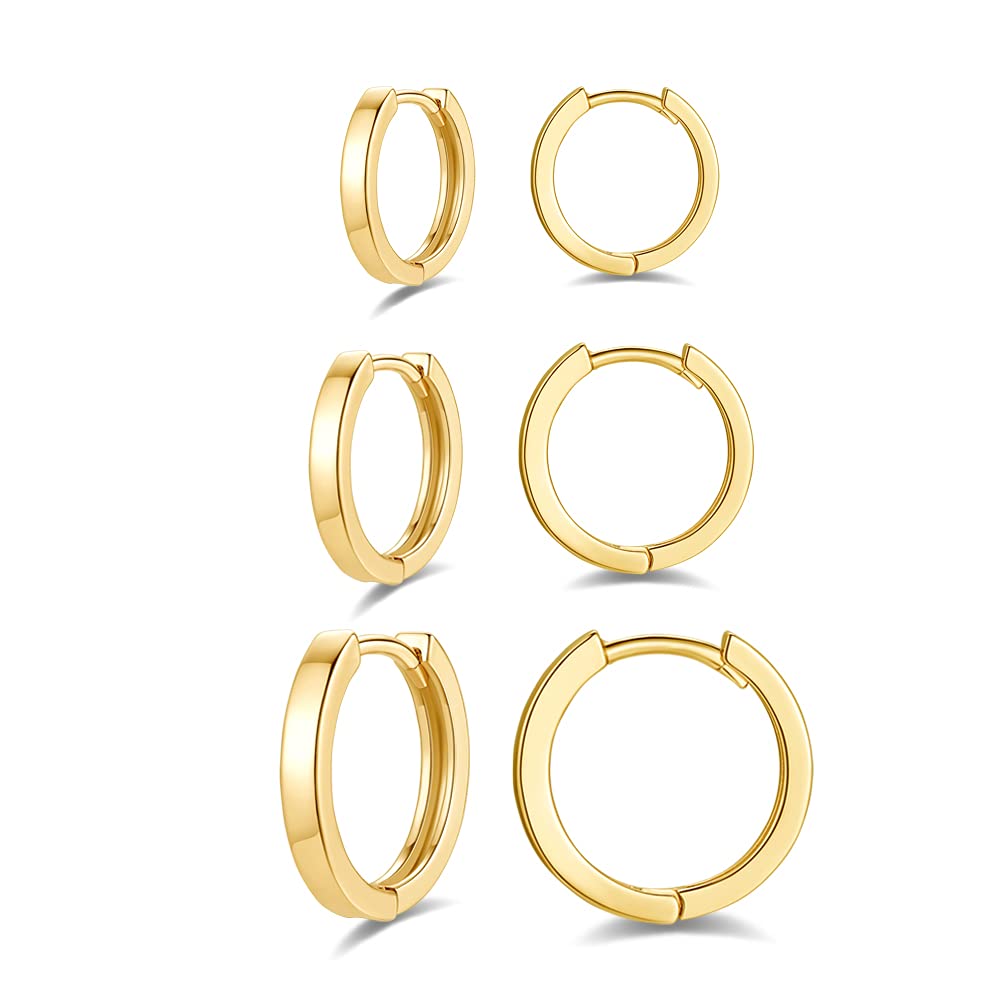 Sterling Silver Hoops Earrings for Women, Small Hoop Earrings, Yellow Gold Plated 3 Pairs Hypoallergenic Small Sleeper Cartilage Hoops Huggie Hinged Earrings Set for Women Girls, Size: 8mm, 10mm, 12mm