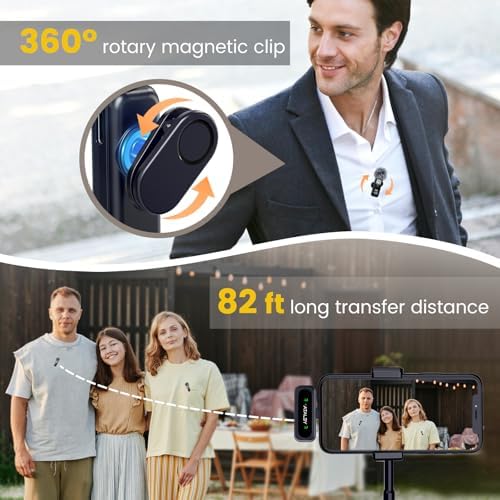 - Micrófono inalámbrico con pantalla digital de batería, cancelación de ruido omnidireccional de 360°, alcance de 30 m, pinza giratoria, para iPhone 15/16, Android, PC, iPad y tableta