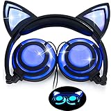 [Upgraded Version] Cat Ear Kids Headphones with LED Light Rechargable 85dB Volume Limited iGeeKid Foldable Over/On Ear Headsets for Girls Boys Phone Tablet School Travel Outdoor