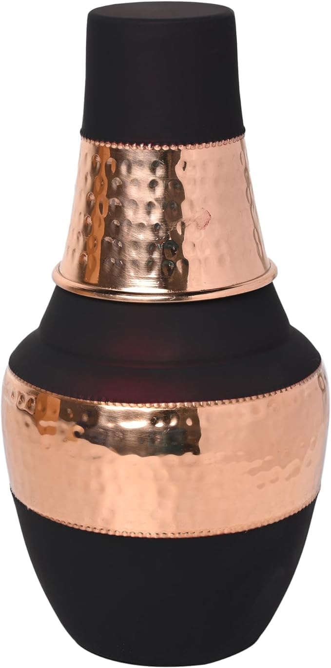 Pure Copper Bedside Water Carafe with Tumbler, for Ayurveda Health Benefits - Capacity - 1.4 Lt. (47.3 US Fluid Ounce) - Dark Cherry
